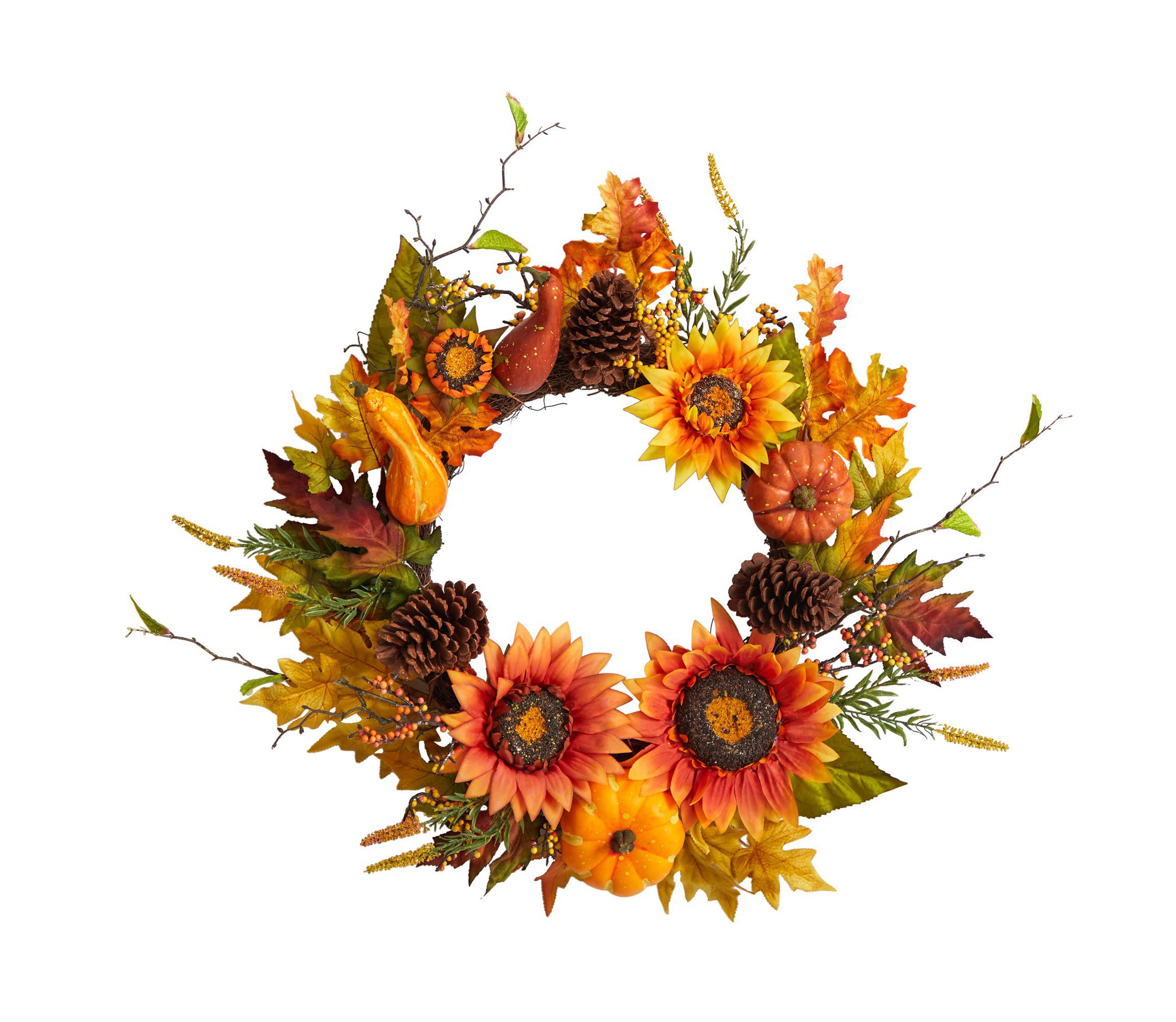 24-Inch Fall Sunflower, Pumpkin, Gourds, Pinecone and Berries Autumn Artificial Wreath
