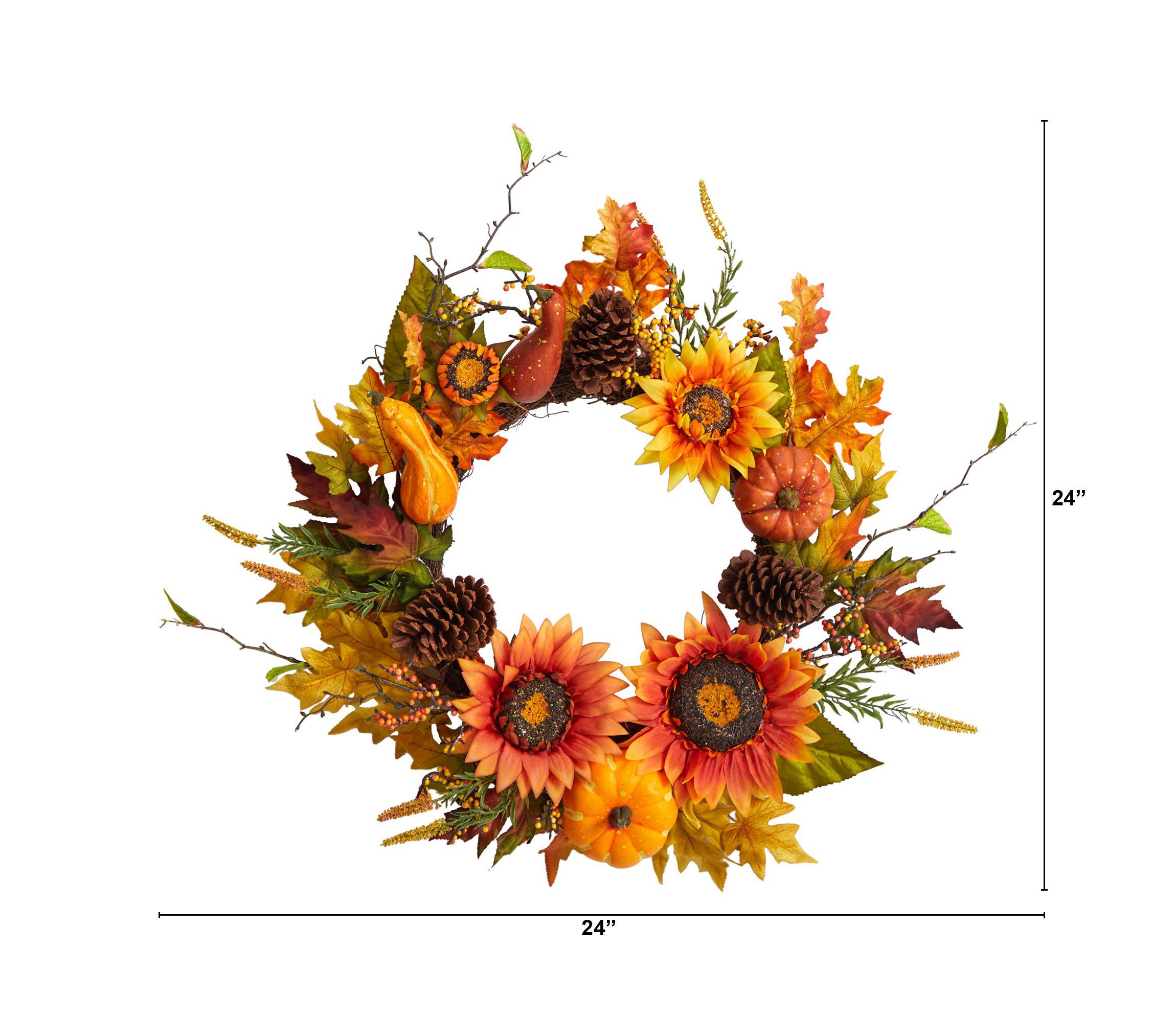 24-Inch Fall Sunflower, Pumpkin, Gourds, Pinecone and Berries Autumn Artificial Wreath