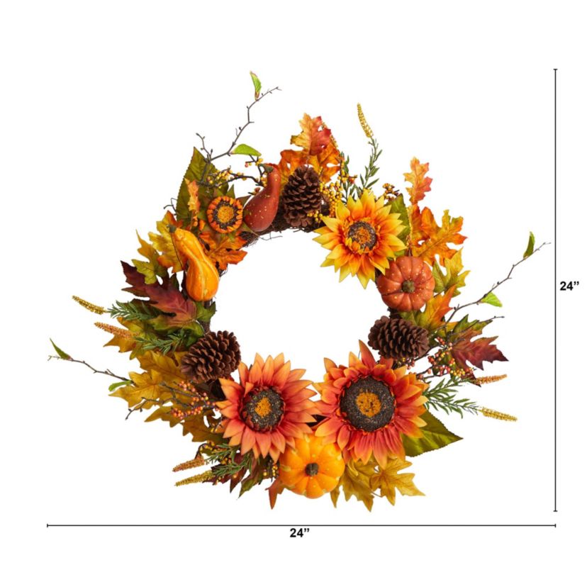 24-Inch Fall Sunflower, Pumpkin, Gourds, Pinecone and Berries Autumn Artificial Wreath