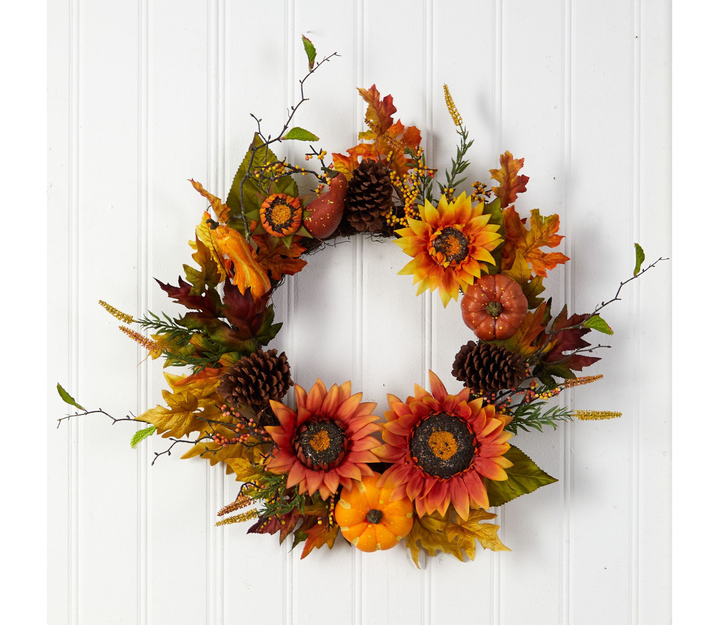 24-Inch Fall Sunflower, Pumpkin, Gourds, Pinecone and Berries Autumn Artificial Wreath
