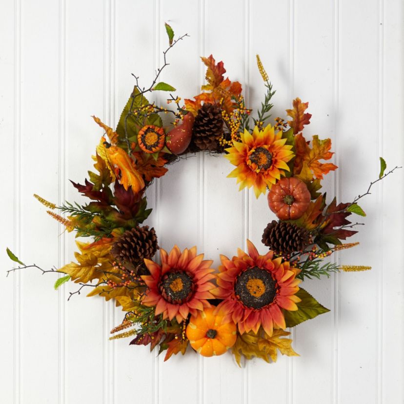 24-Inch Fall Sunflower, Pumpkin, Gourds, Pinecone and Berries Autumn Artificial Wreath