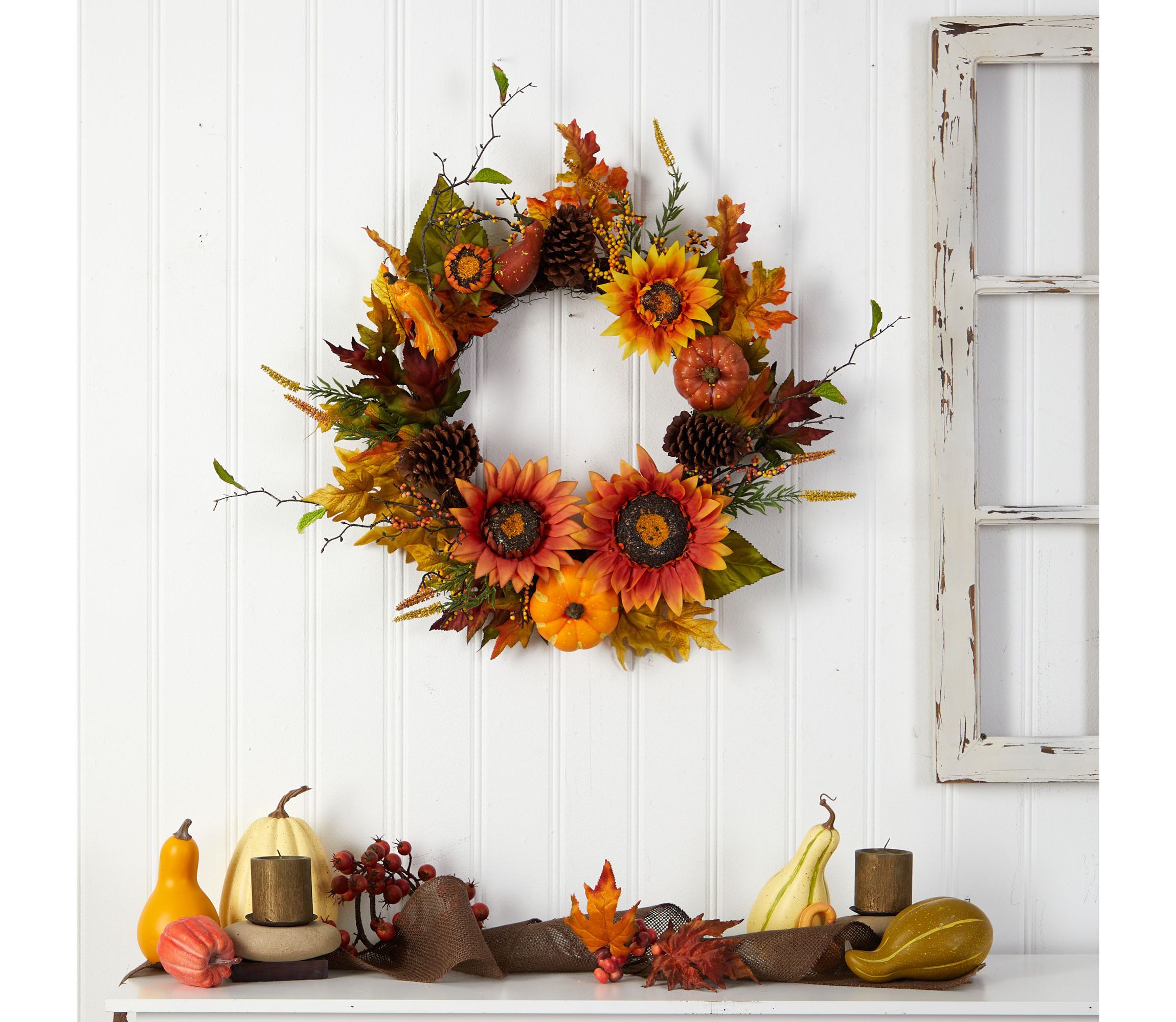 24-Inch Fall Sunflower, Pumpkin, Gourds, Pinecone and Berries Autumn Artificial Wreath