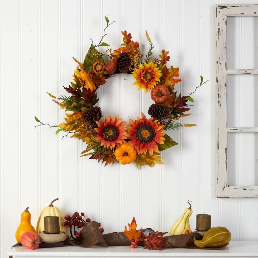 24-Inch Fall Sunflower, Pumpkin, Gourds, Pinecone and Berries Autumn Artificial Wreath