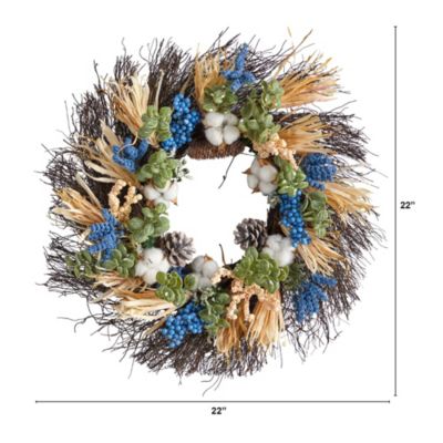 22-Inch Autumn Cotton, Eucalyptus, Berries and Pinecones Artificial Fall Wreath