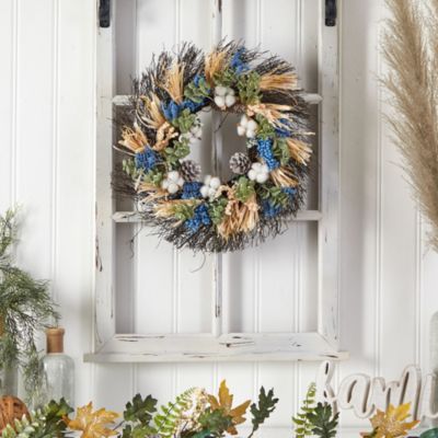 22-Inch Autumn Cotton, Eucalyptus, Berries and Pinecones Artificial Fall Wreath