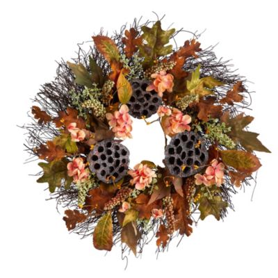 22-Inch Autumn Hydrangea, Dried Lotus Pod Artificial Fall Wreath