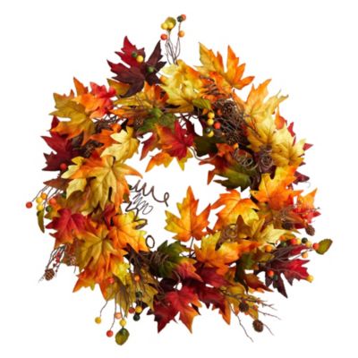 24-Inch Autumn Maple Leaf and Berries Artificial Fall Wreath with Twig Base
