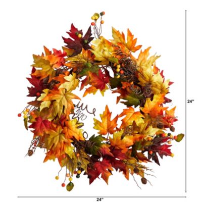 24-Inch Autumn Maple Leaf and Berries Artificial Fall Wreath with Twig Base