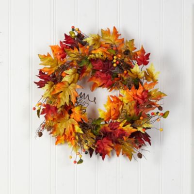 24-Inch Autumn Maple Leaf and Berries Artificial Fall Wreath with Twig Base