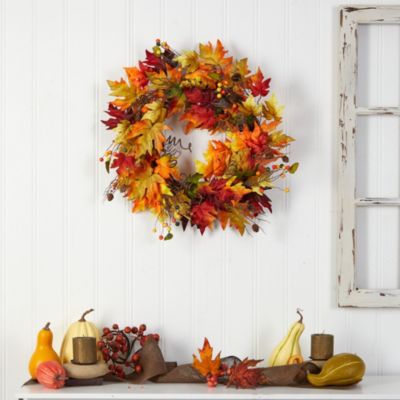 24-Inch Autumn Maple Leaf and Berries Artificial Fall Wreath with Twig Base