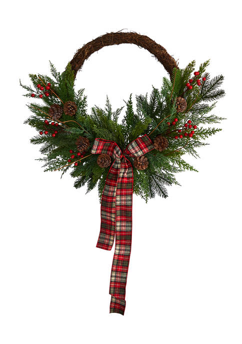 28 Inch Pine and Pinecone Artificial Christmas Wreath with Decorative Bow