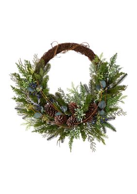 Nearly Natural 30 Inch Pine and Pinecone Artificial Christmas Wreath on Twig Ring, Green
