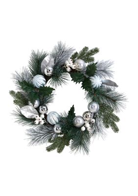 Nearly Natural 24 Inch Pinecones and Berries Christmas Artificial Wreath with Silver Ornaments, Green