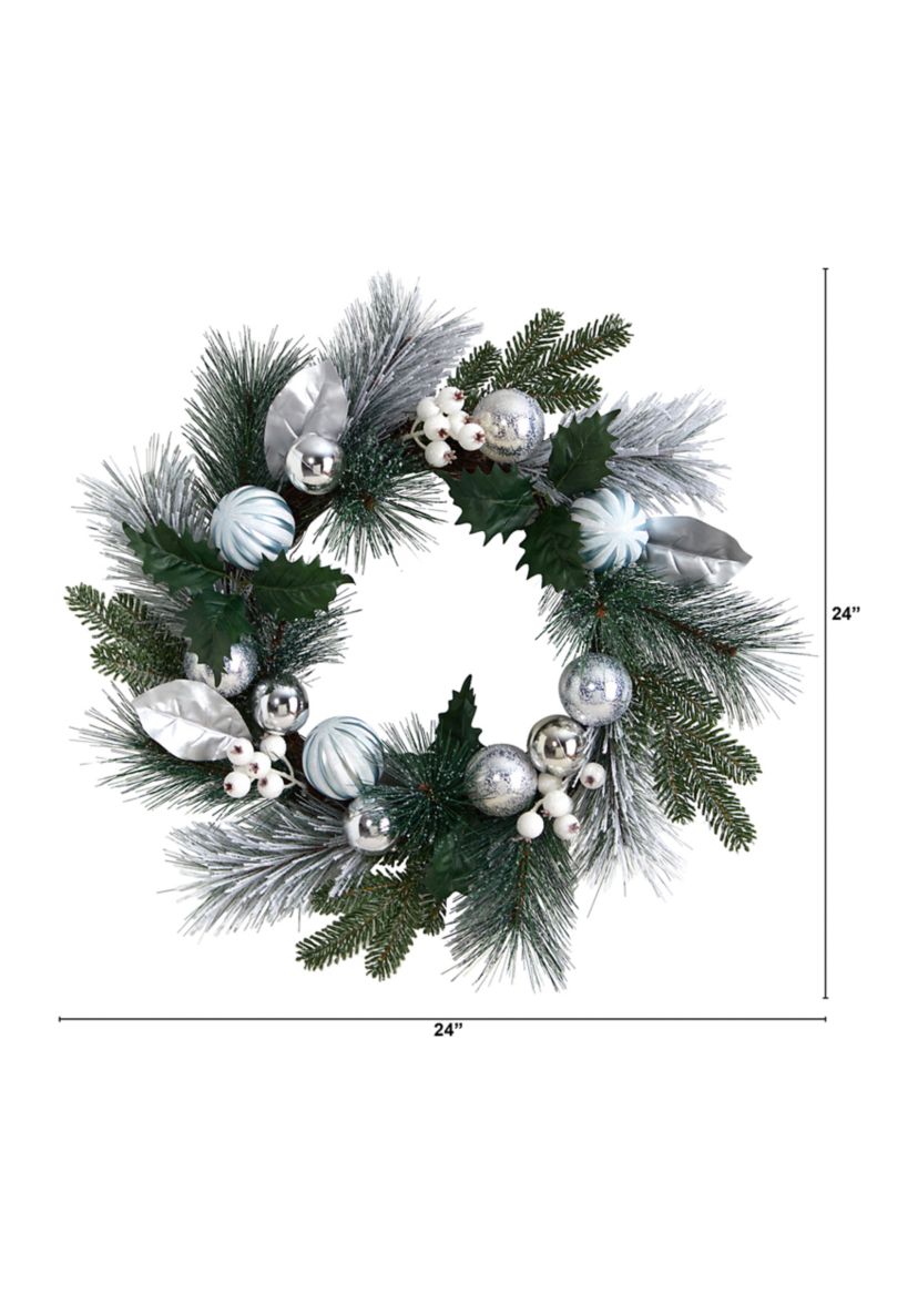 24 Inch Pinecones and Berries Christmas Artificial Wreath with Silver Ornaments