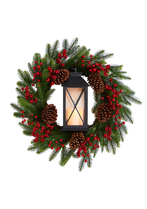28 Inch Berries and Pine Artificial Christmas Wreath with Lantern and Included LED Candle