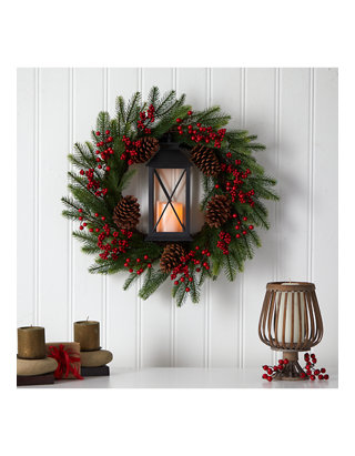 Christmas WREATH~LED  Candle lit Lantern~pinecones-Bow~Red Berries~traditional 