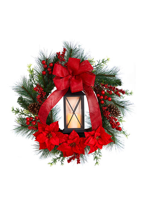 28 Inch  Poinsettia and Berry Holiday Lantern Christmas Wreath with LED Candle