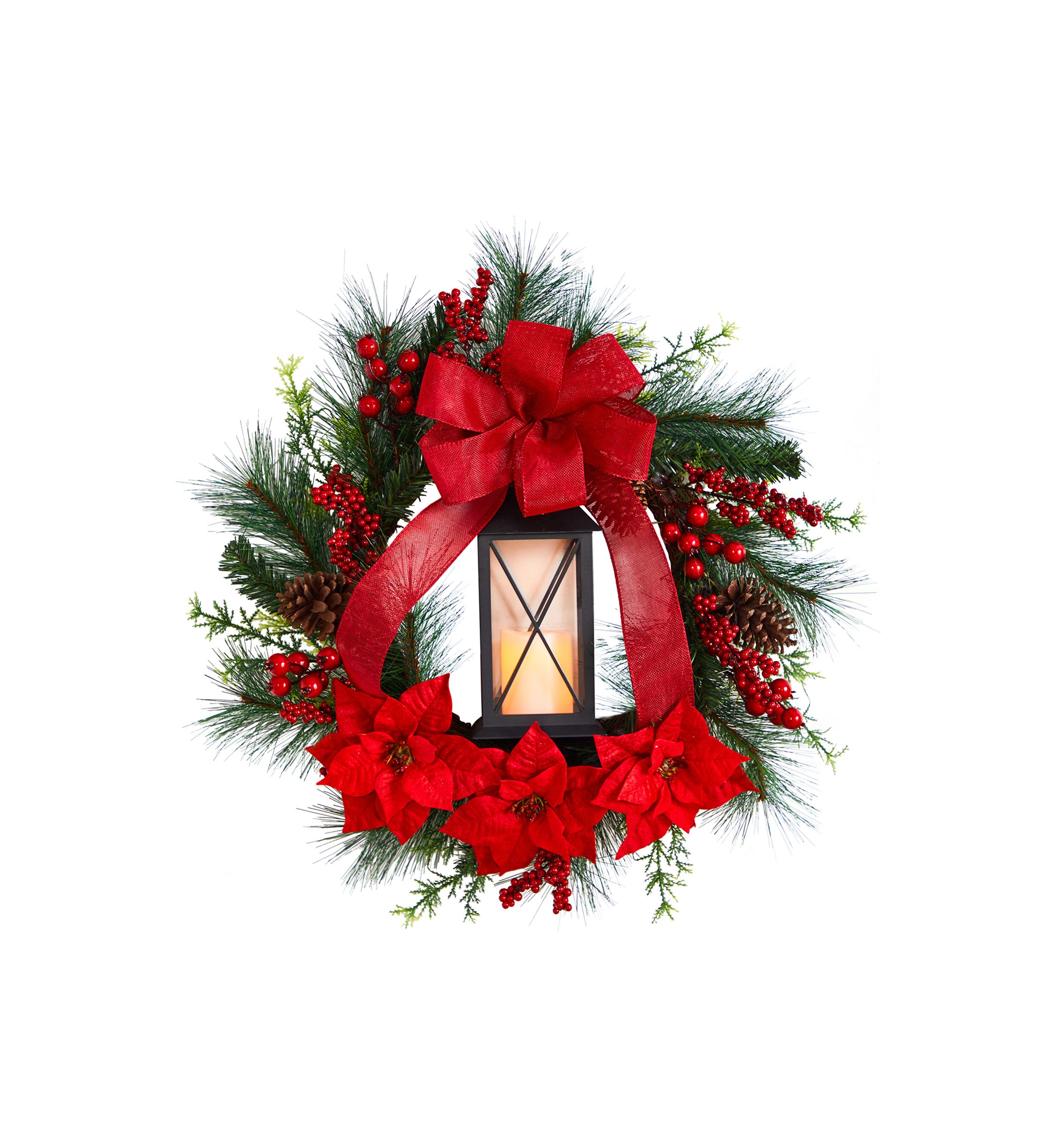 28 Inch  Poinsettia and Berry Holiday Lantern Christmas Wreath with LED Candle