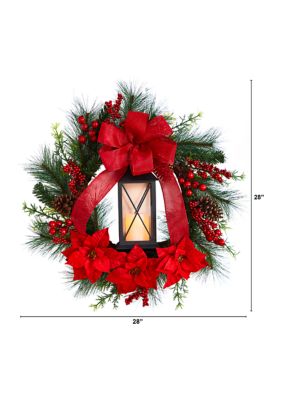 28 Inch  Poinsettia and Berry Holiday Lantern Christmas Wreath with LED Candle