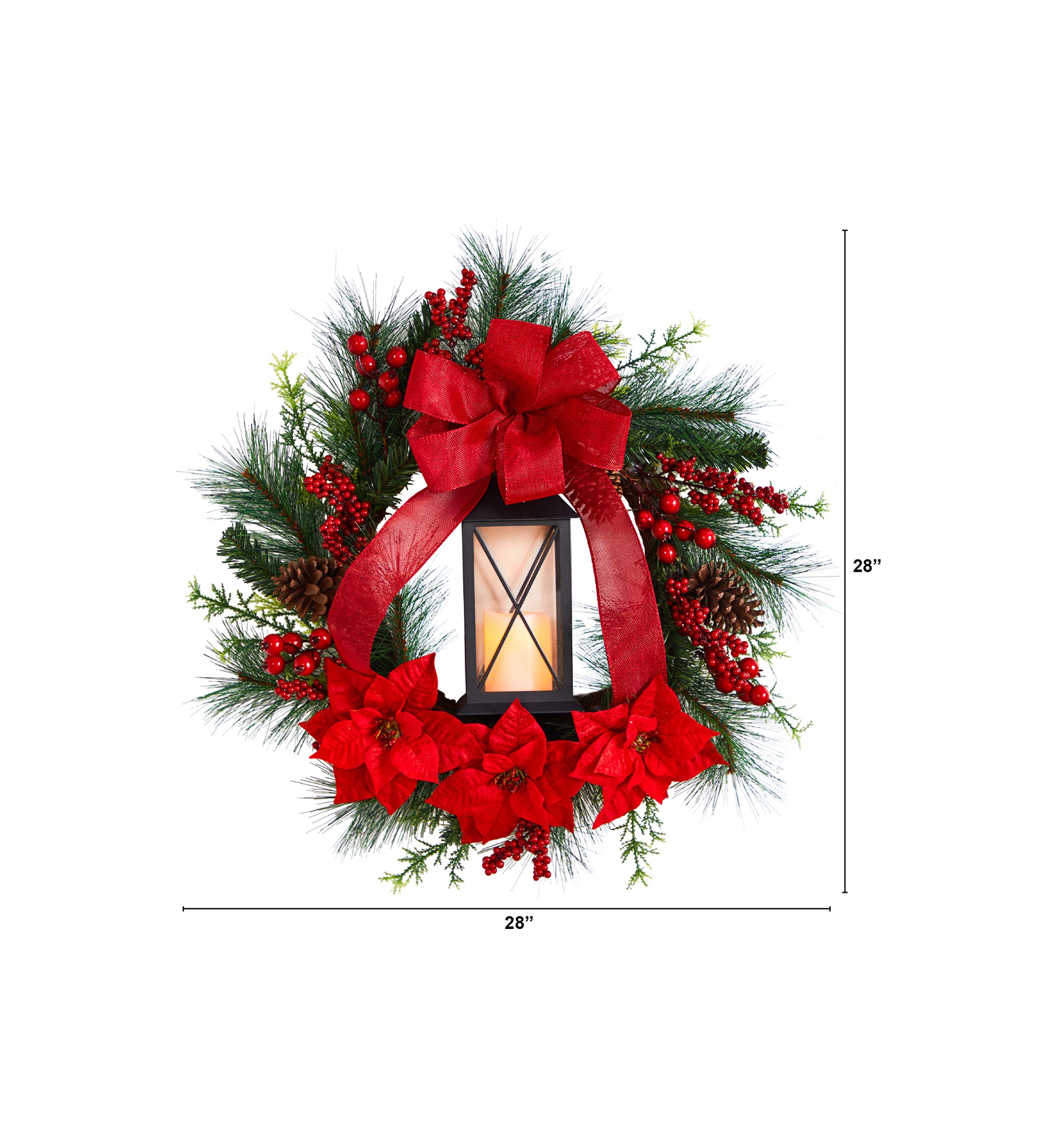 28 Inch  Poinsettia and Berry Holiday Lantern Christmas Wreath with LED Candle