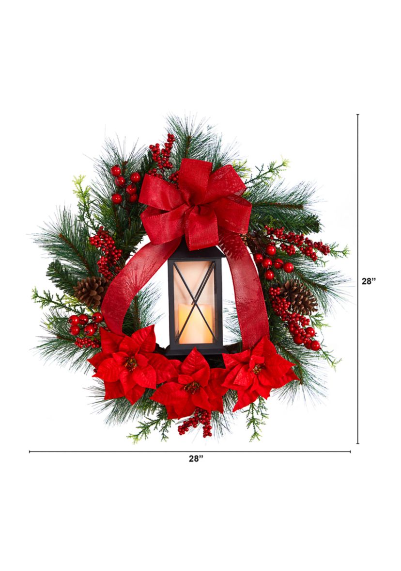 28 Inch  Poinsettia and Berry Holiday Lantern Christmas Wreath with LED Candle