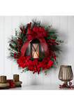 28 Inch  Poinsettia and Berry Holiday Lantern Christmas Wreath with LED Candle