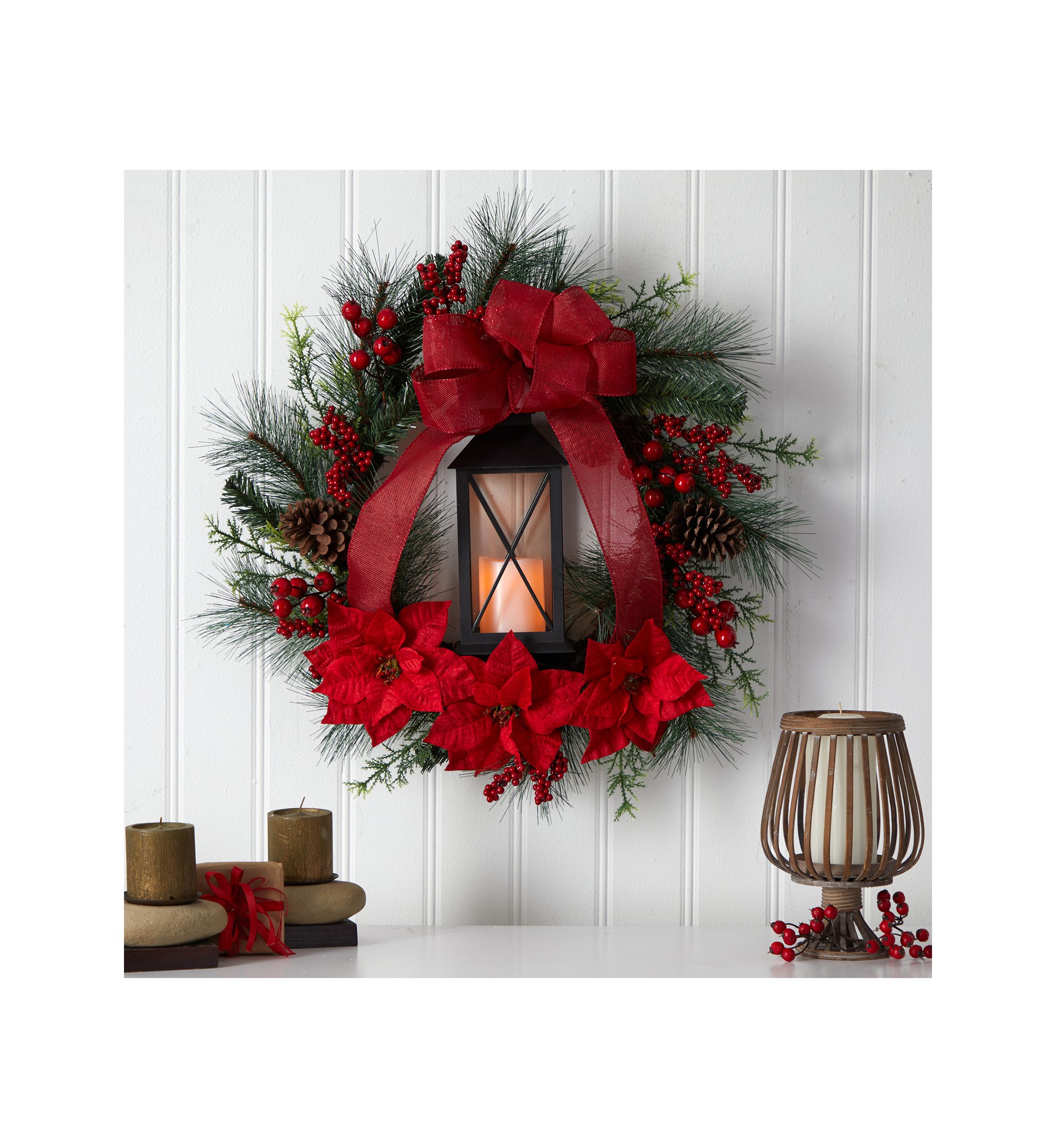 28 Inch  Poinsettia and Berry Holiday Lantern Christmas Wreath with LED Candle
