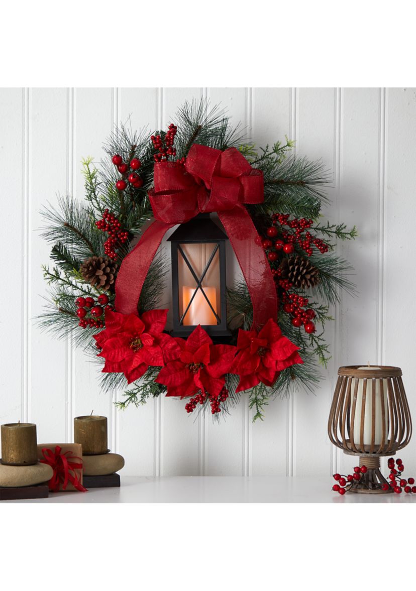 28 Inch  Poinsettia and Berry Holiday Lantern Christmas Wreath with LED Candle