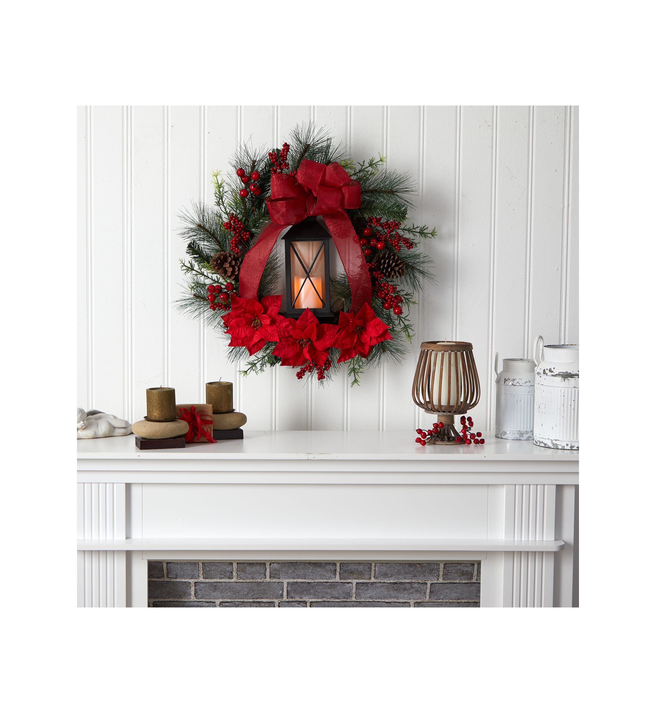 28 Inch  Poinsettia and Berry Holiday Lantern Christmas Wreath with LED Candle