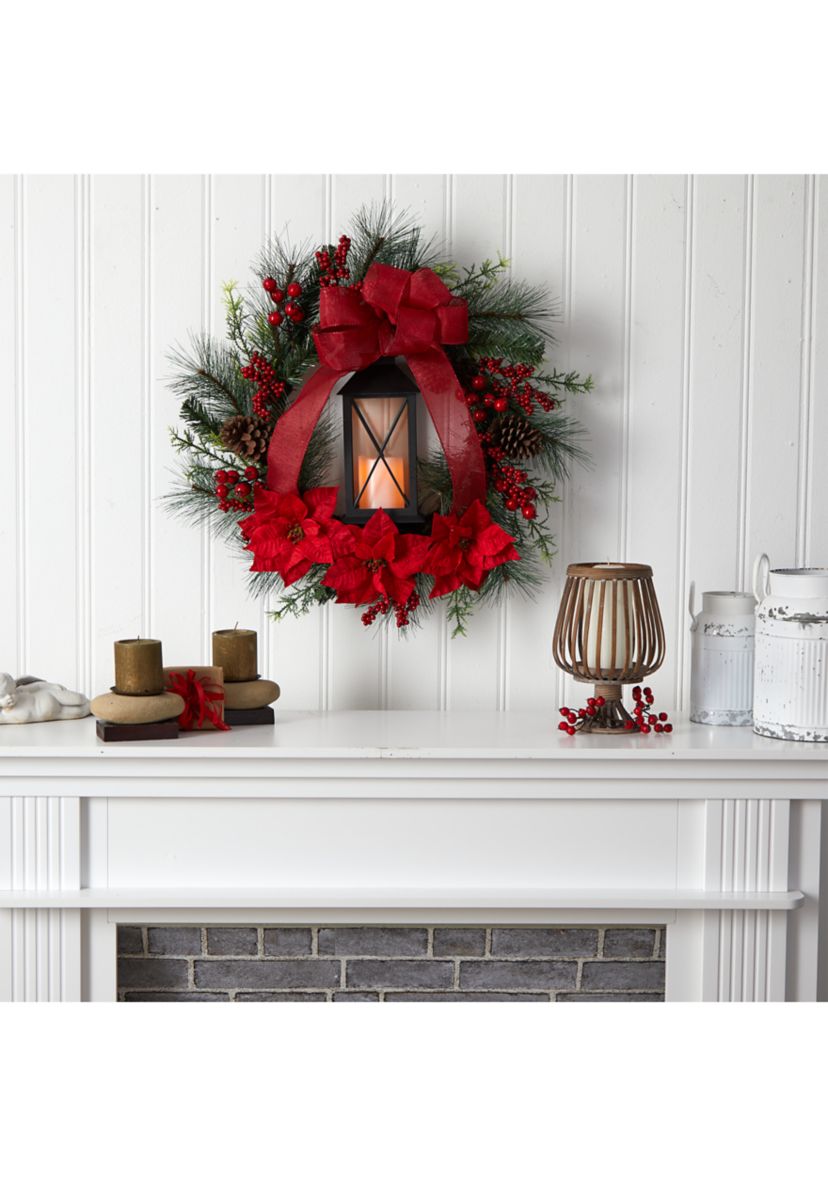 28 Inch  Poinsettia and Berry Holiday Lantern Christmas Wreath with LED Candle
