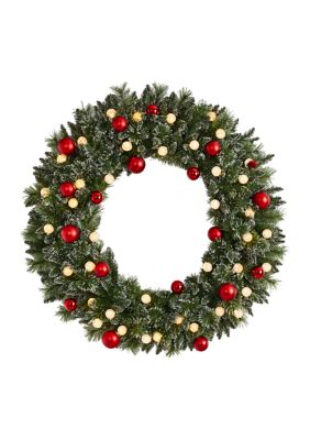 4 Foot Oversized Pre-Lit Frosted Holiday Christmas Wreath with Ornaments and 40 LED Globe Lights