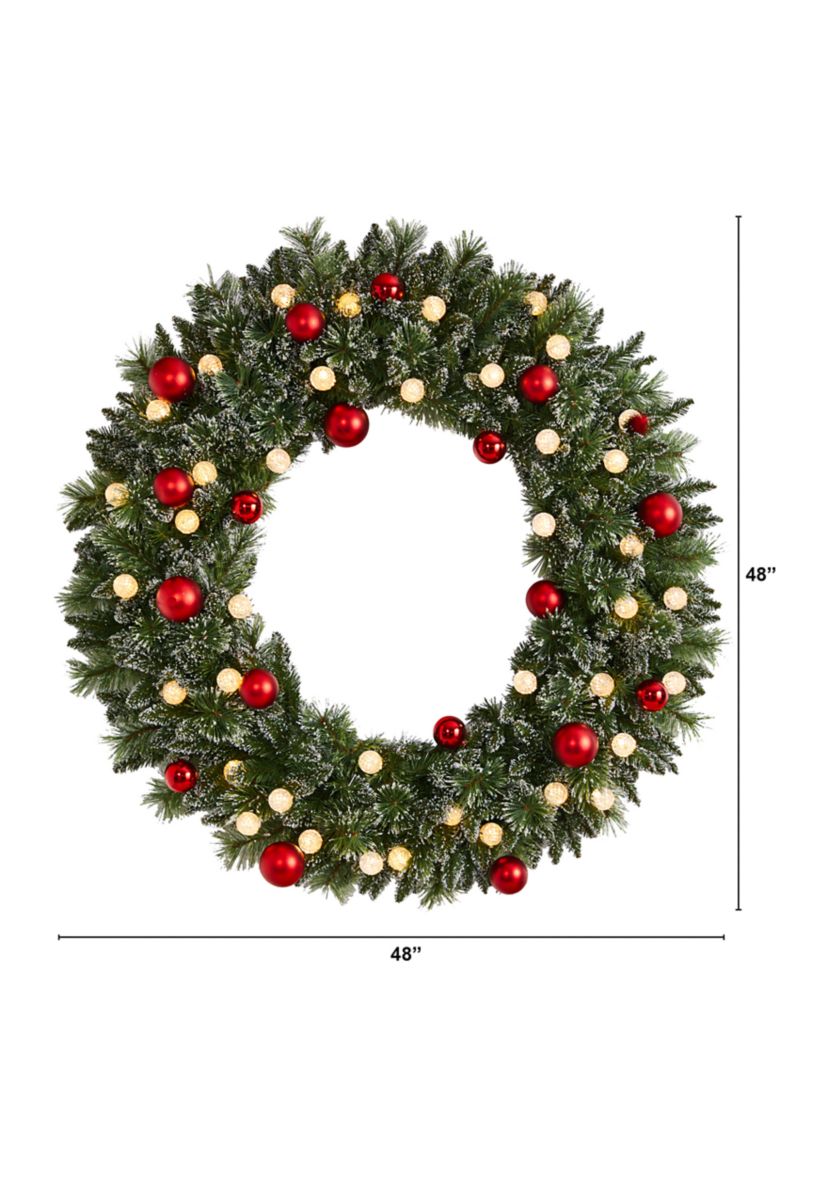 4 Foot Oversized Pre-Lit Frosted Holiday Christmas Wreath with Ornaments and 40 LED Globe Lights