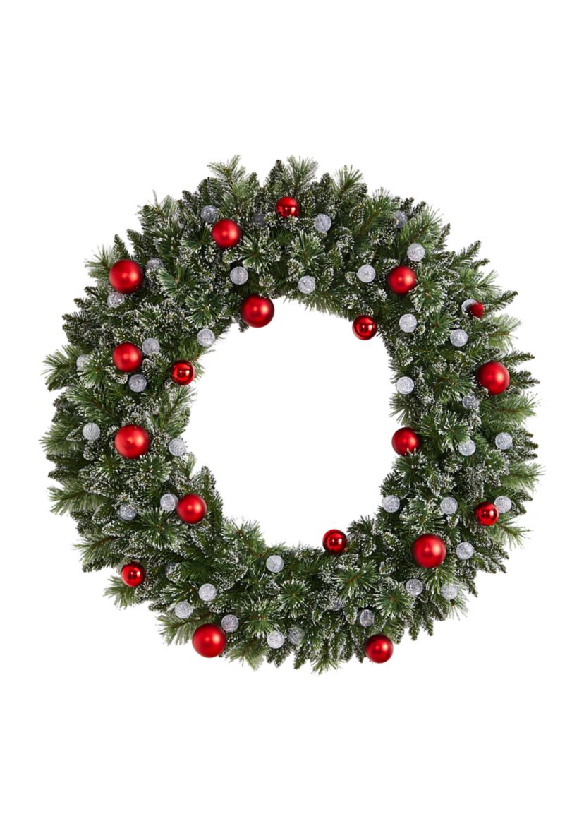 4 Foot Oversized Pre-Lit Frosted Holiday Christmas Wreath with Ornaments and 40 LED Globe Lights
