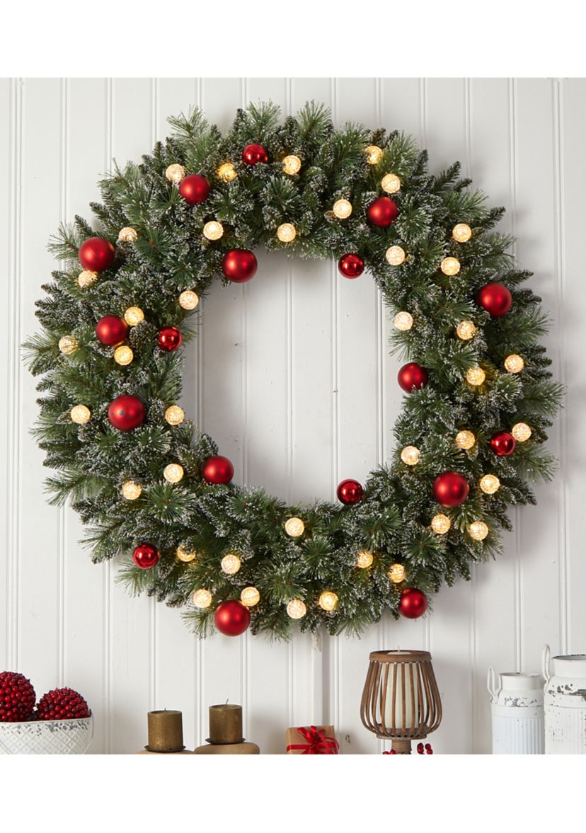 4 Foot Oversized Pre-Lit Frosted Holiday Christmas Wreath with Ornaments and 40 LED Globe Lights