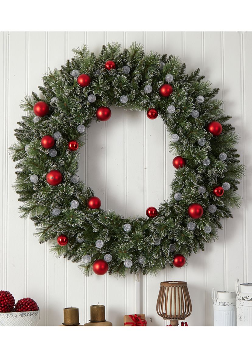 4 Foot Oversized Pre-Lit Frosted Holiday Christmas Wreath with Ornaments and 40 LED Globe Lights