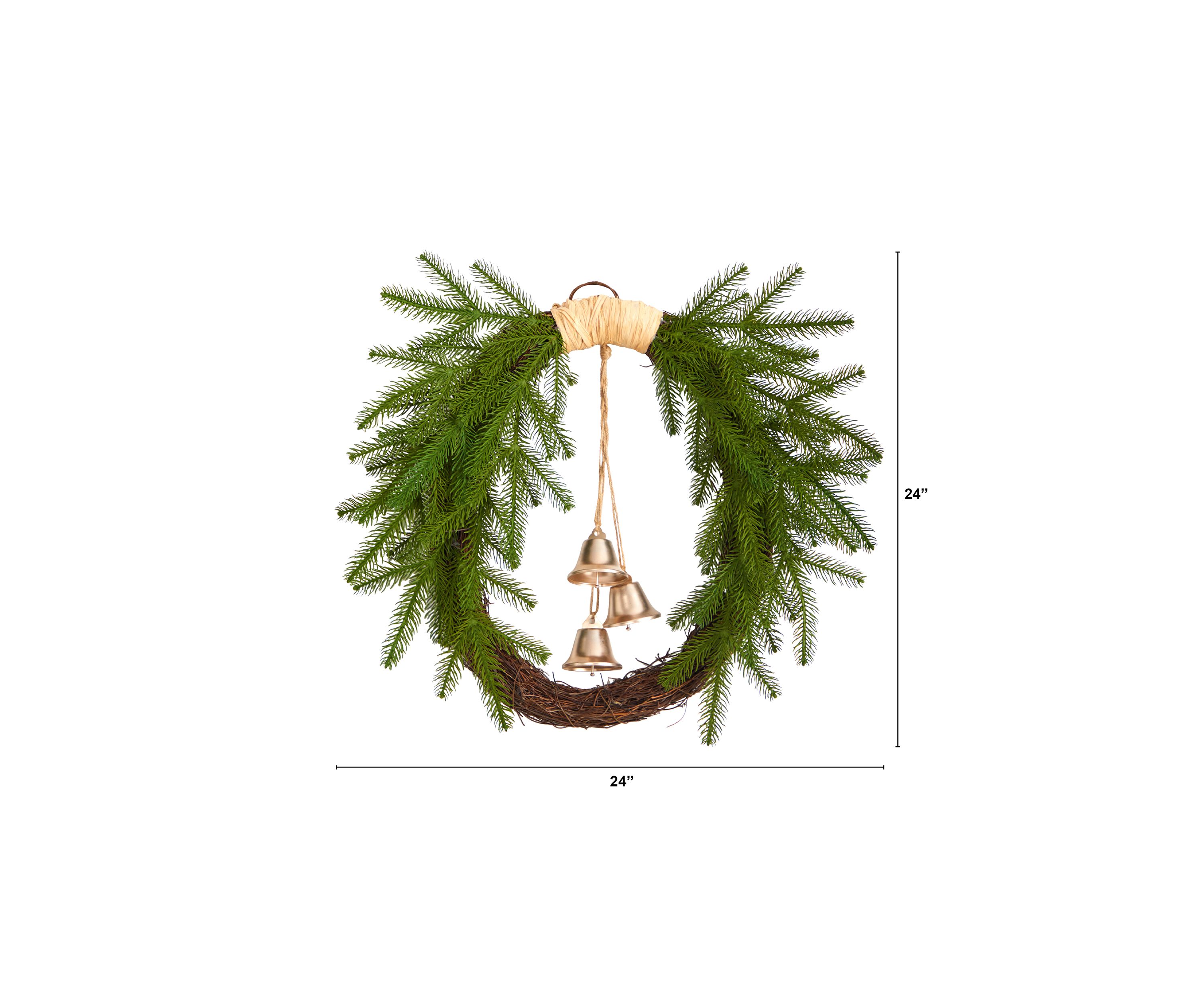 24 Inch Holiday Christmas Pine and Hanging Bells Wreath