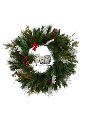 24-Inch Holiday Winter Owl Family Pinecone Berry Christmas Artificial Wreath