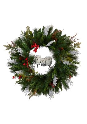 Nearly Natural 24-Inch Holiday Winter Owl Family Pinecone Berry Christmas Artificial Wreath, Green