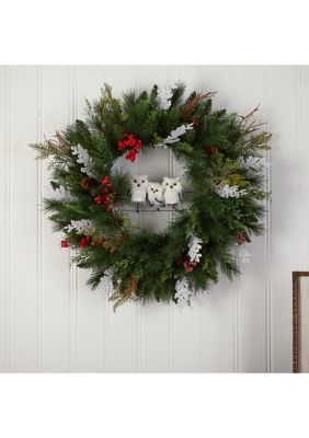 24-Inch Holiday Winter Owl Family Pinecone Berry Christmas Artificial Wreath