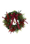 24 Inch Decorated Christmas Artificial Wreath with Bow and 130 Bendable Branches