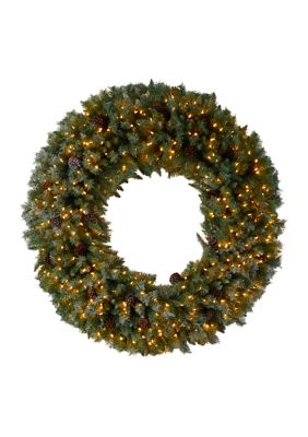 Nearly Natural 5-Foot Giant Flocked Artificial Christmas Wreath with Pinecones, 400 Clear LED Lights and 760 Bendable Branches, Green