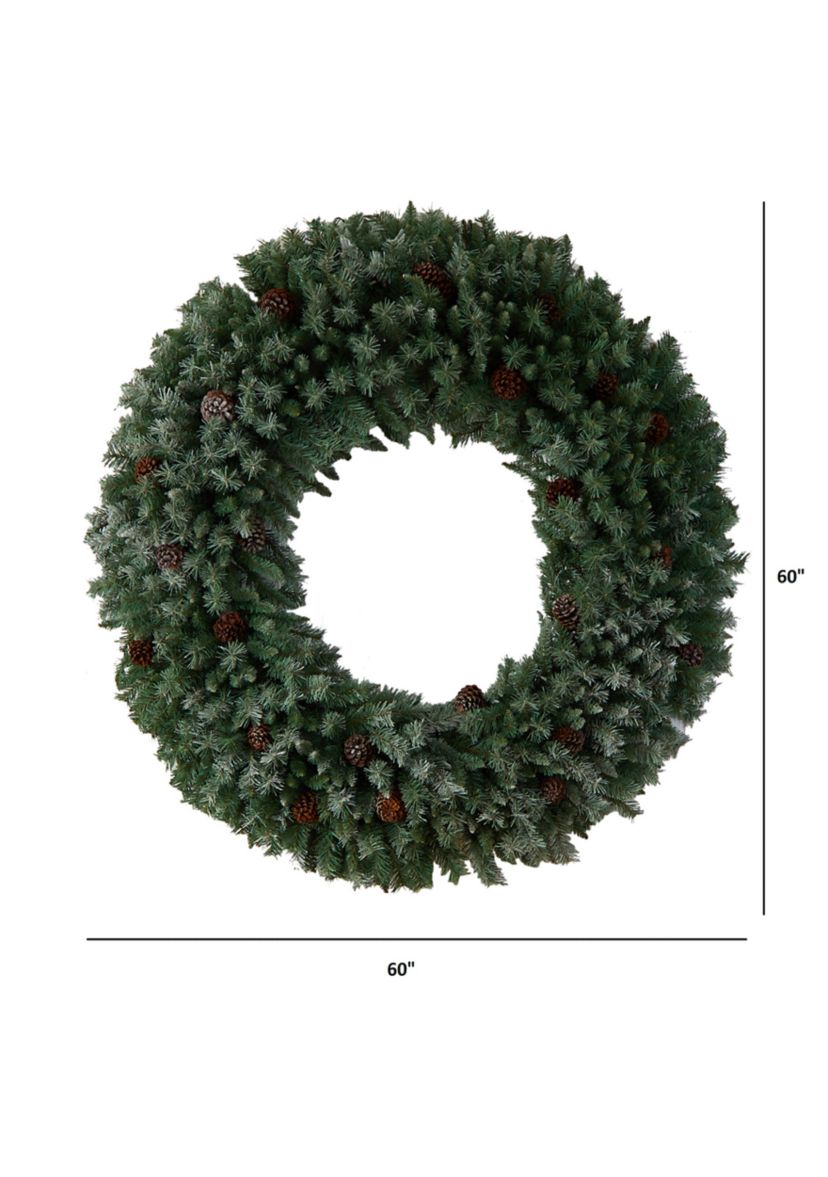 5-Foot Giant Flocked Artificial Christmas Wreath with Pinecones, 400 Clear LED Lights and 760 Bendable Branches