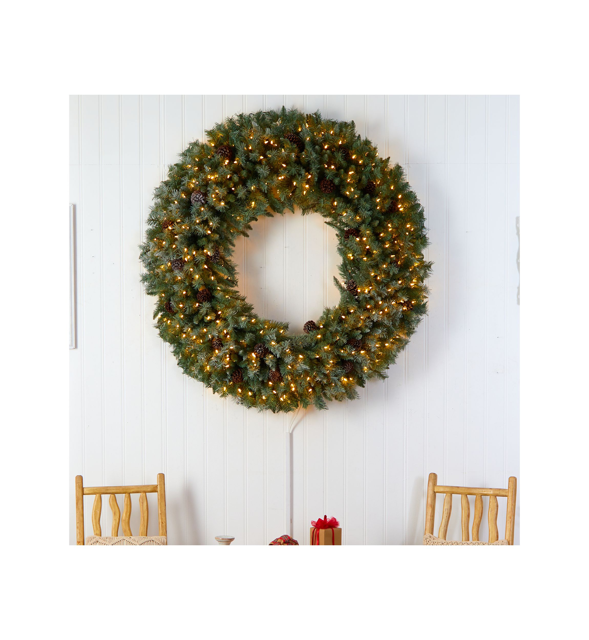 5-Foot Giant Flocked Artificial Christmas Wreath with Pinecones, 400 Clear LED Lights and 760 Bendable Branches