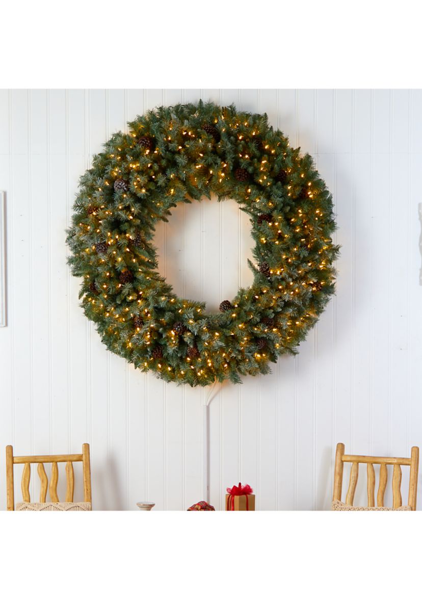 5-Foot Giant Flocked Artificial Christmas Wreath with Pinecones, 400 Clear LED Lights and 760 Bendable Branches