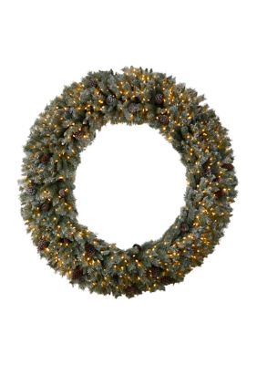 Nearly Natural 6-Foot Giant Flocked Christmas Artificial Wreath with Pinecones, 600 Clear LED Lights and 1000 Bendable Branches, Green -  0192897363945