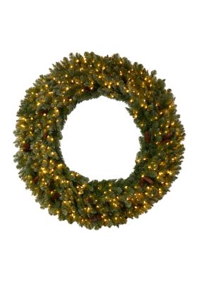5-Foot Flocked Artificial Christmas Wreath with Pinecones, 300 Clear LED Lights and 680 Bendable Branches
