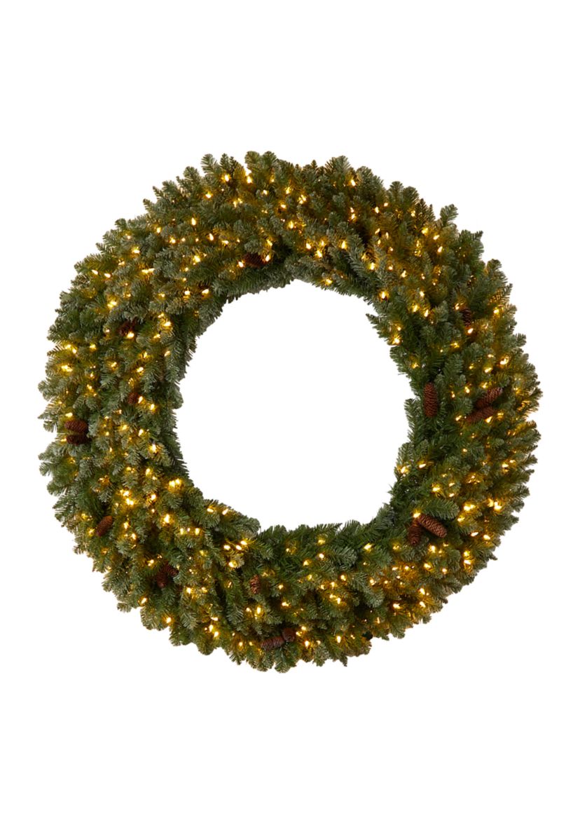 5-Foot Flocked Artificial Christmas Wreath with Pinecones, 300 Clear LED Lights and 680 Bendable Branches