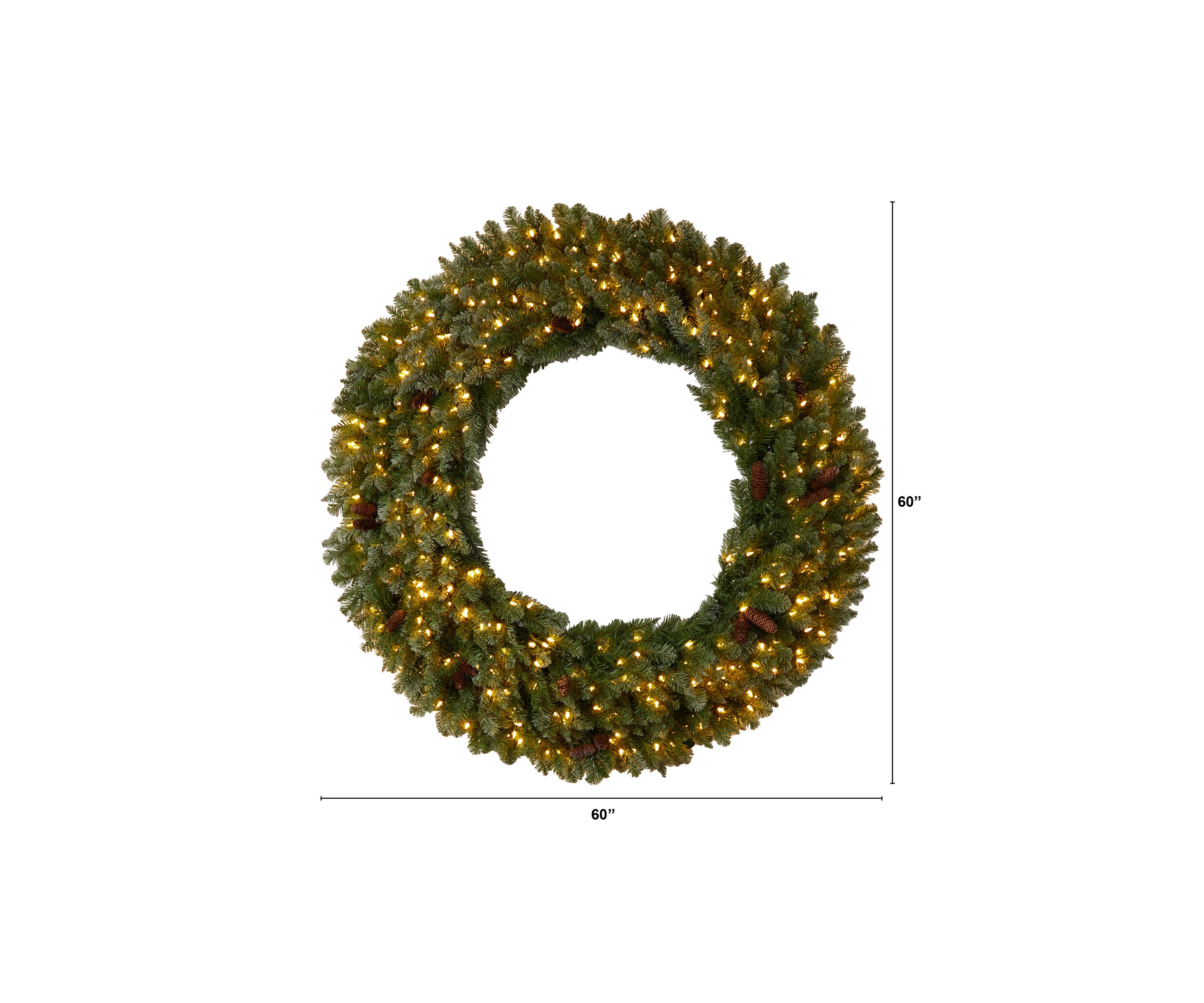 5-Foot Flocked Artificial Christmas Wreath with Pinecones, 300 Clear LED Lights and 680 Bendable Branches