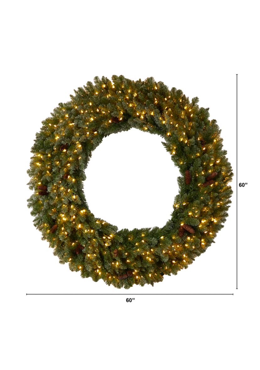 5-Foot Flocked Artificial Christmas Wreath with Pinecones, 300 Clear LED Lights and 680 Bendable Branches