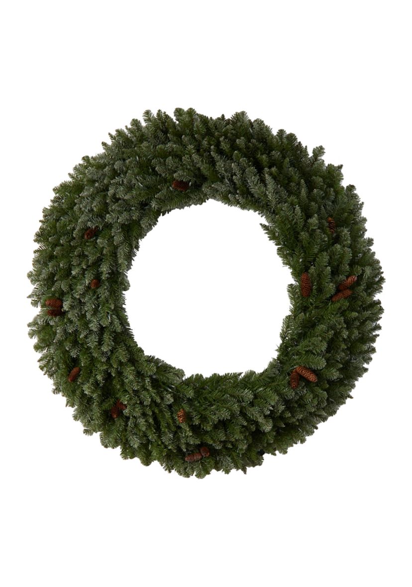 5-Foot Flocked Artificial Christmas Wreath with Pinecones, 300 Clear LED Lights and 680 Bendable Branches